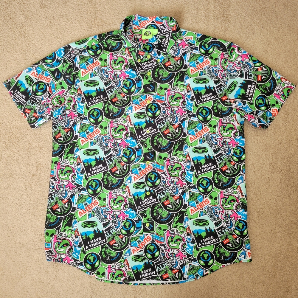 Alien Hawaiian Shirt Mens 3XL Multi Color Matching Pocket